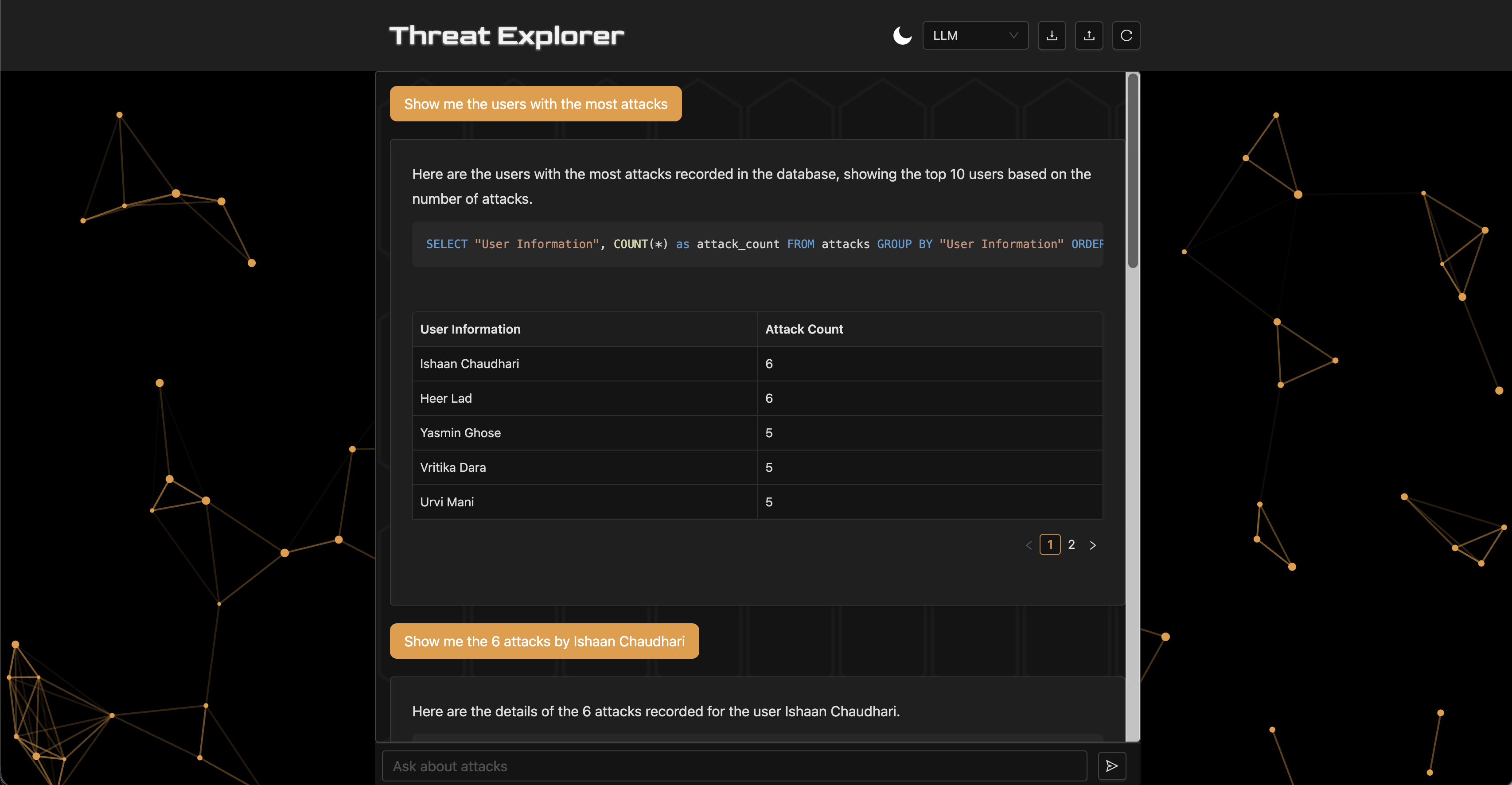 Dialogue example: top users by attacks