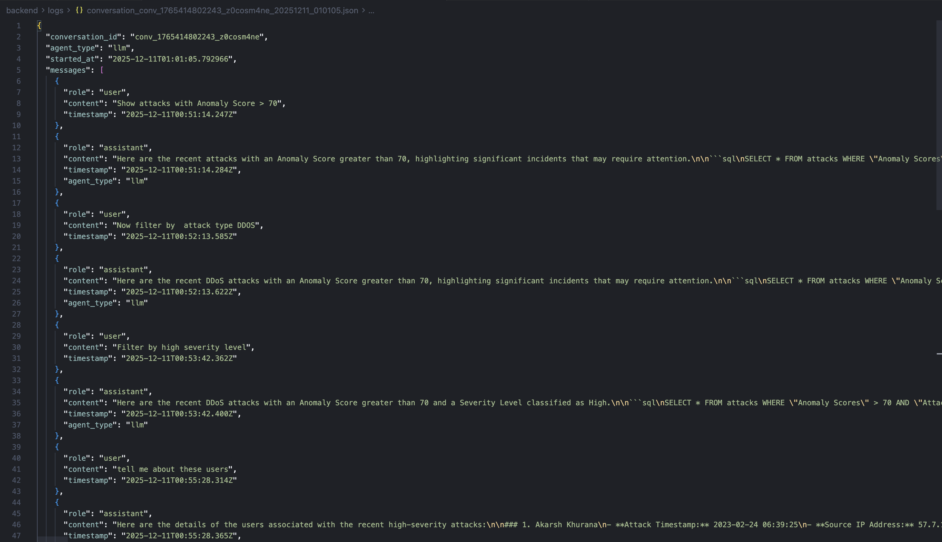 Logs output from Threat Explorer